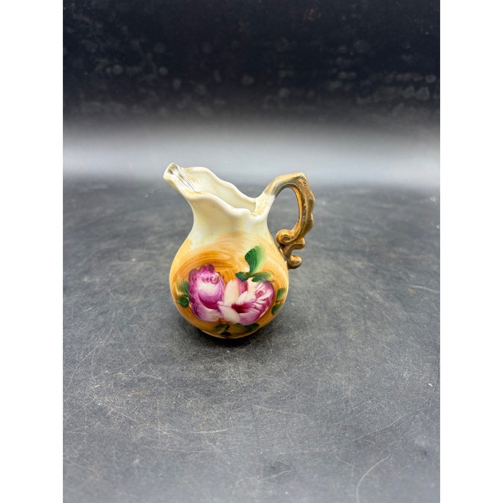 Vintage Hand Painted Miniature Porcelain Pitcher Gold Trim Floral Rose 3 Inch